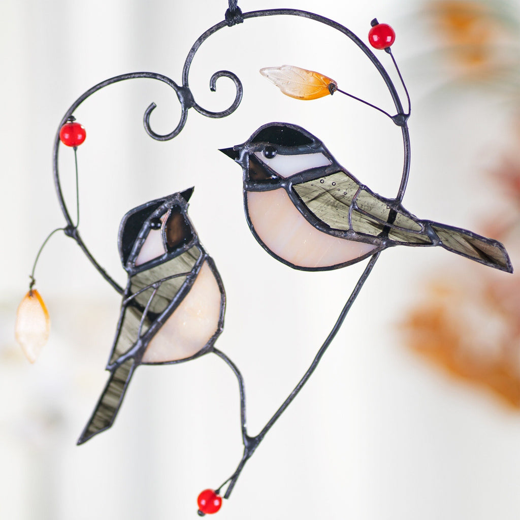 RainLine Couple Chickadees Stained Glass Suncatcher Heart 6.69in