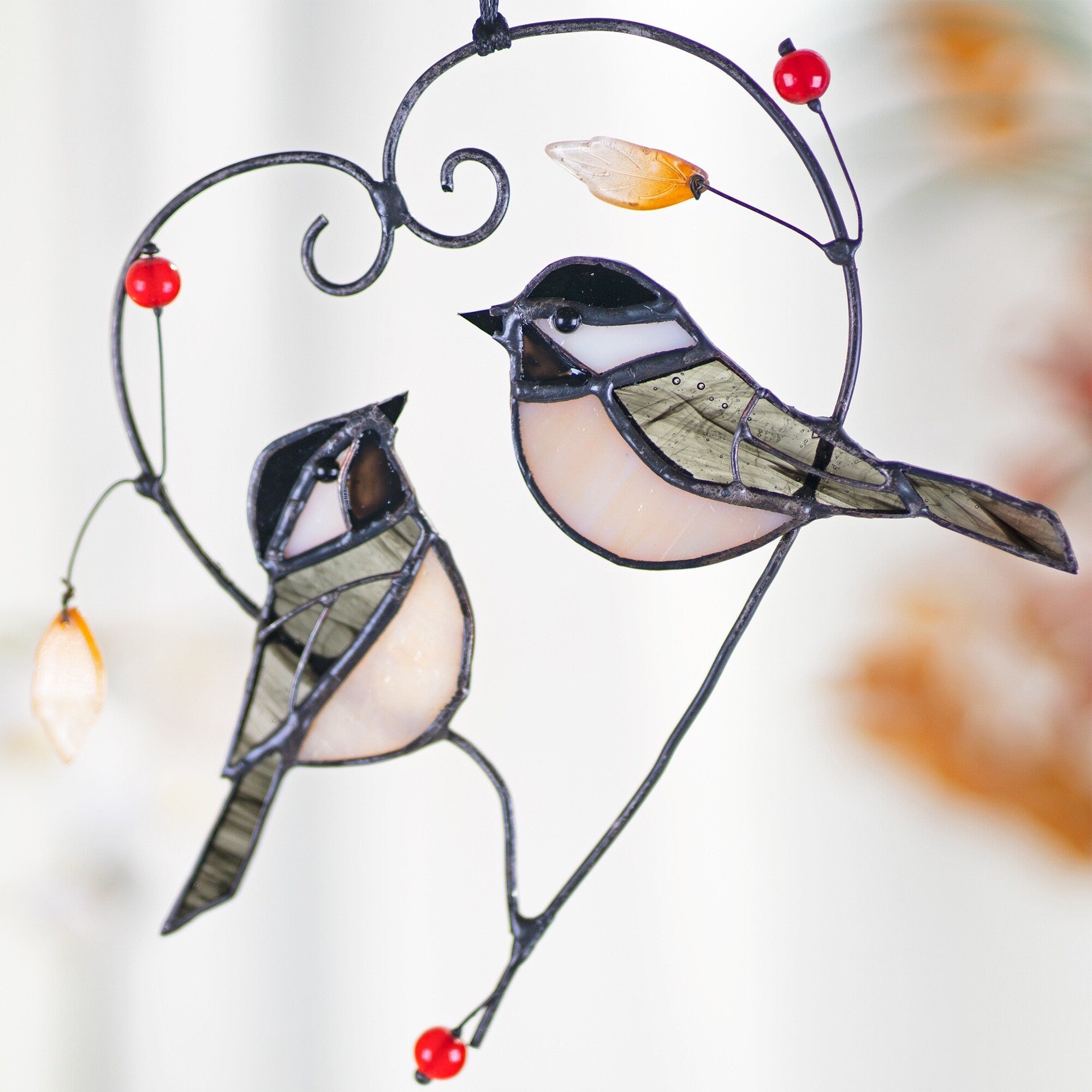 RainLine Couple Chickadees Stained Glass Suncatcher Heart 6.69in