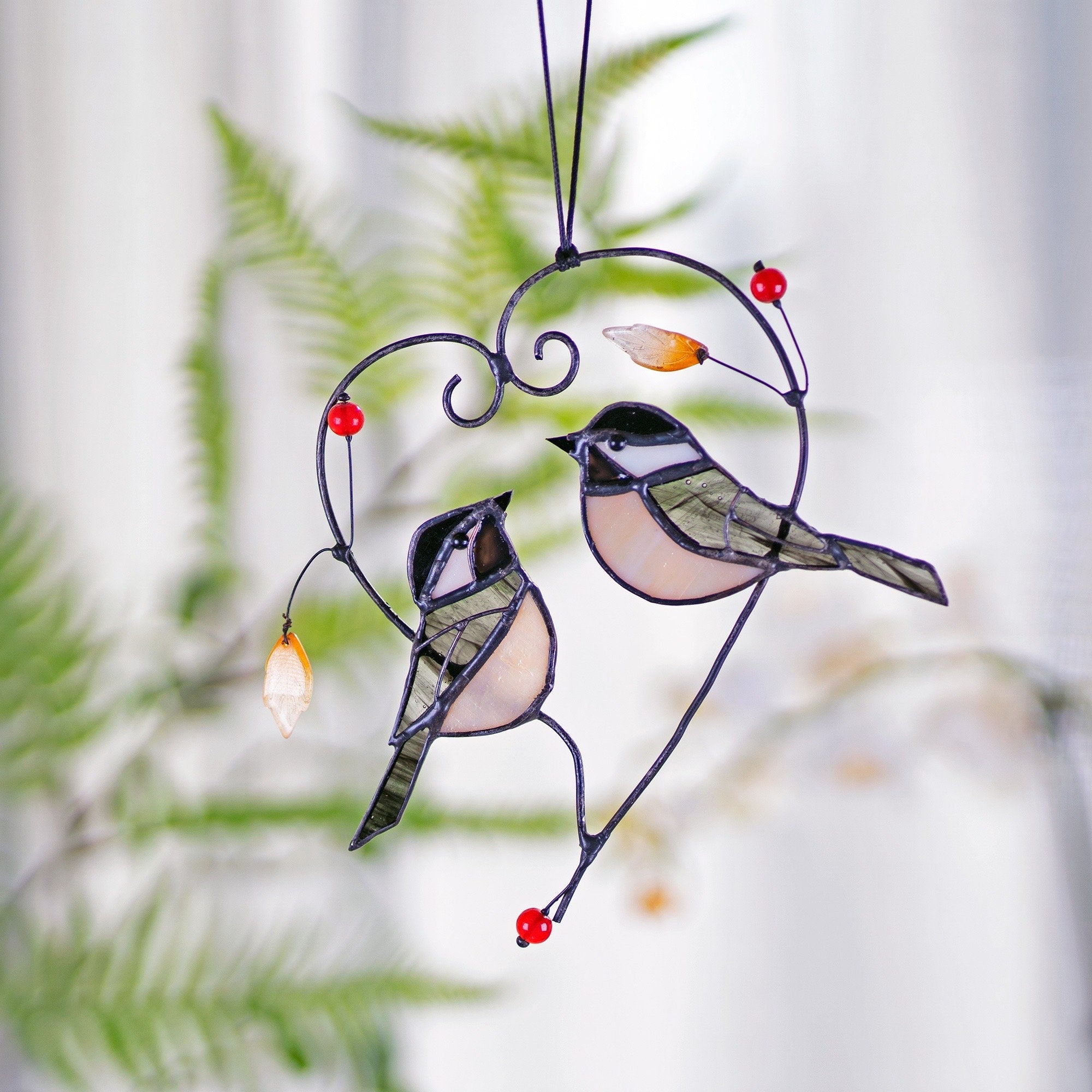 RainLine Couple Chickadees Stained Glass Suncatcher Heart 6.69in