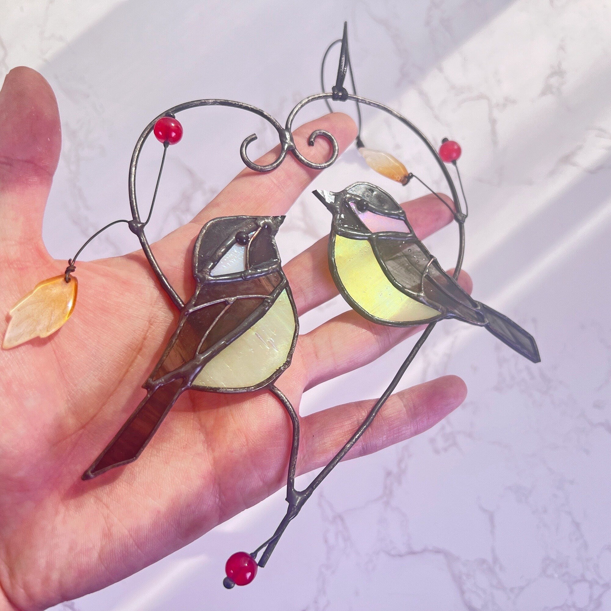 RainLine Couple Chickadees Stained Glass Suncatcher Heart 6.69in