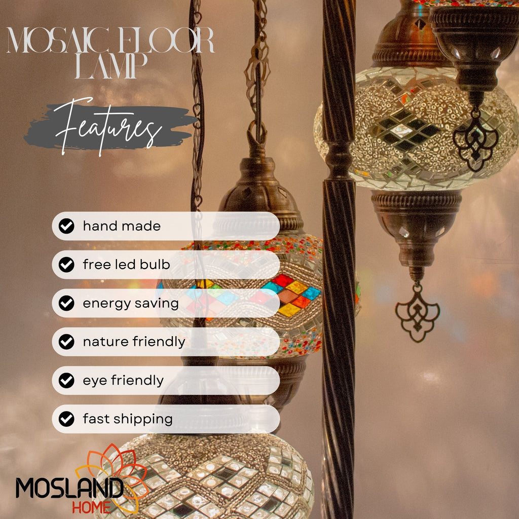MoslandHome Handmade Turkish Mosaic Floor Lamp 5 Globe 51in Antique Brass