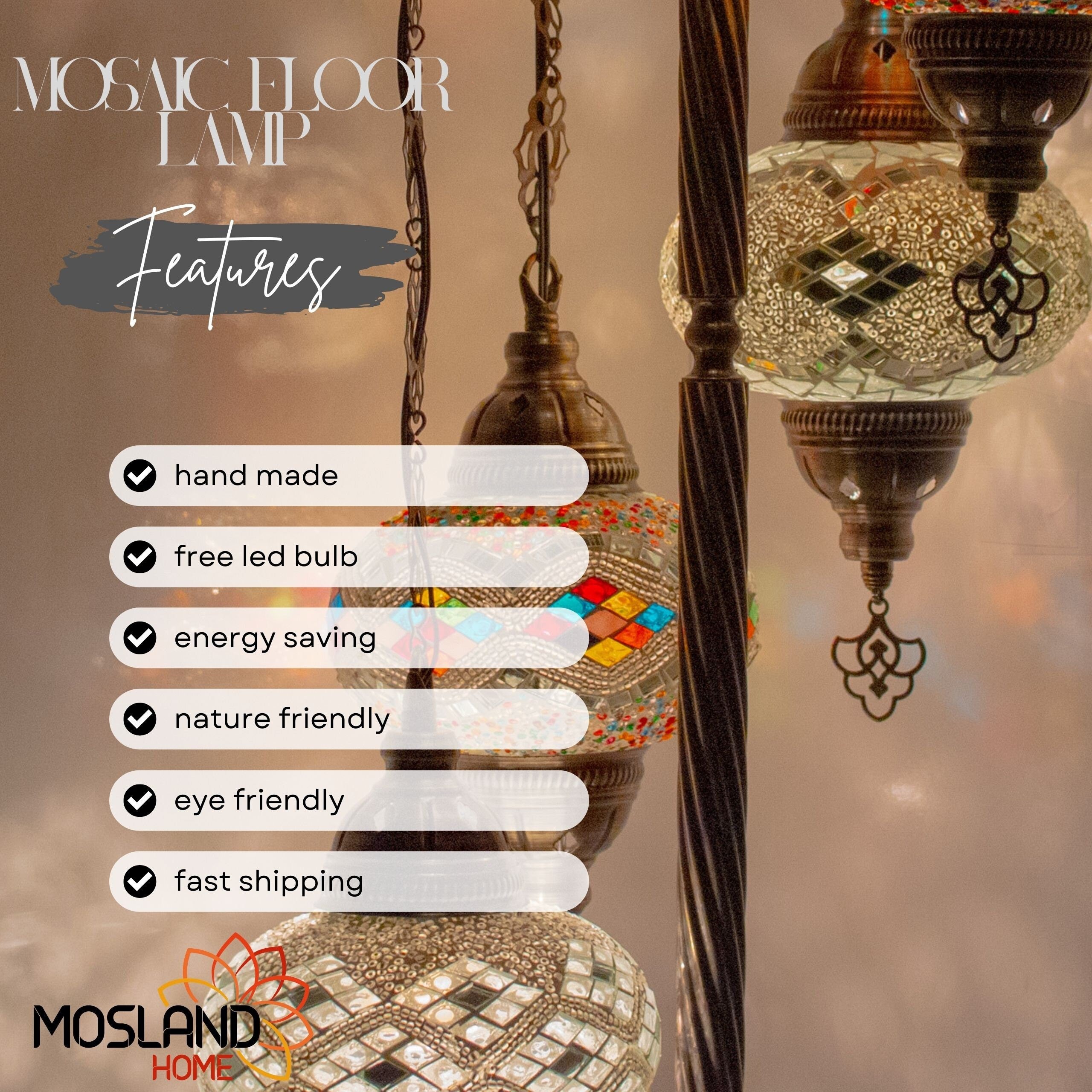 MoslandHome Handmade Turkish Mosaic Floor Lamp 5 Globe 51in Antique Brass