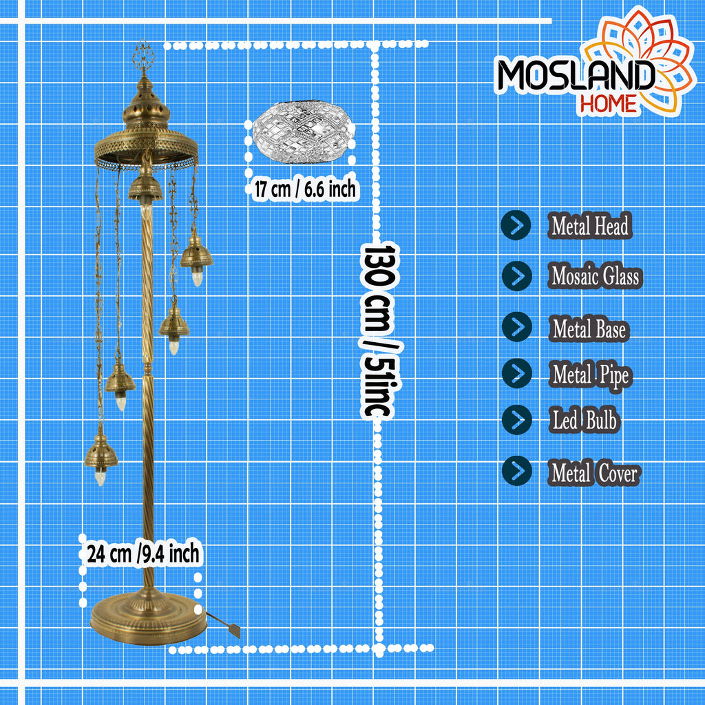 MoslandHome Handmade Turkish Mosaic Floor Lamp 5 Globe 51in