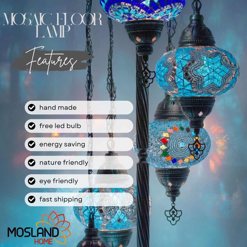 MoslandHome Handmade Turkish Mosaic Floor Lamp 5 Globe Corner 51in