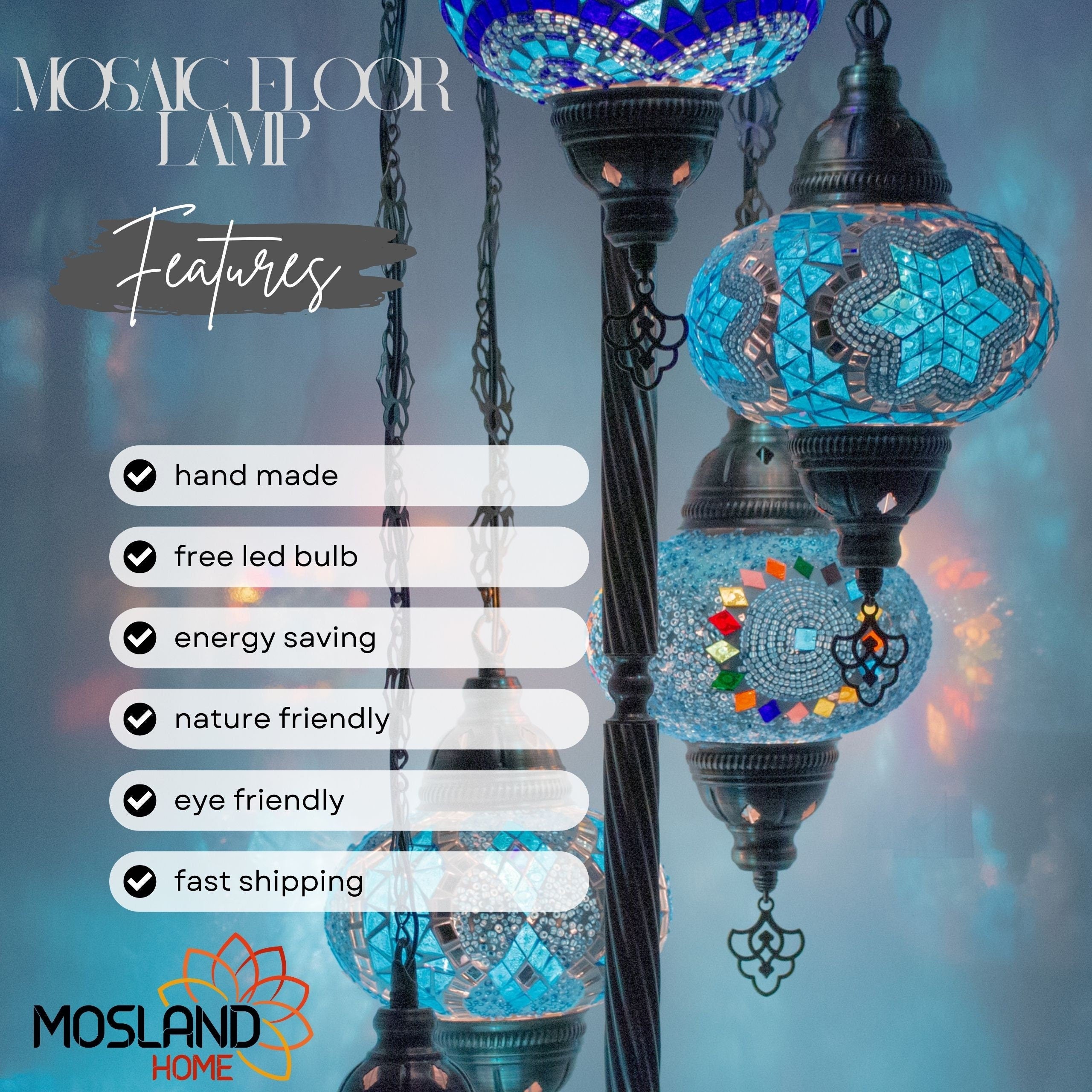 MoslandHome Handmade Turkish Mosaic Floor Lamp 5 Globe Corner 51in