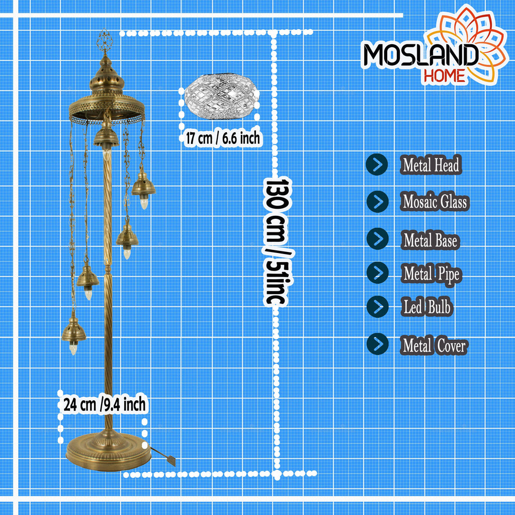 MoslandHome Handmade Turkish Mosaic Floor Lamp 5 Globe Corner 51in