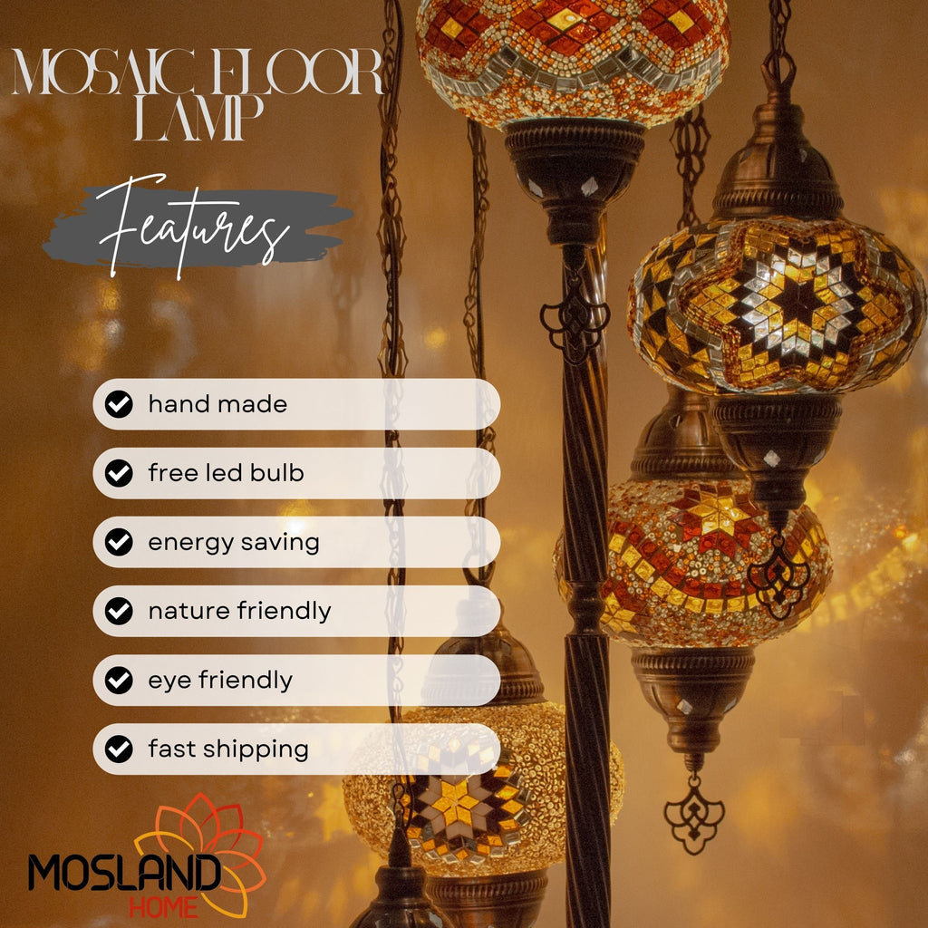 MoslandHome Handmade Turkish Mosaic Floor Lamp 5 Globe Antique Brass