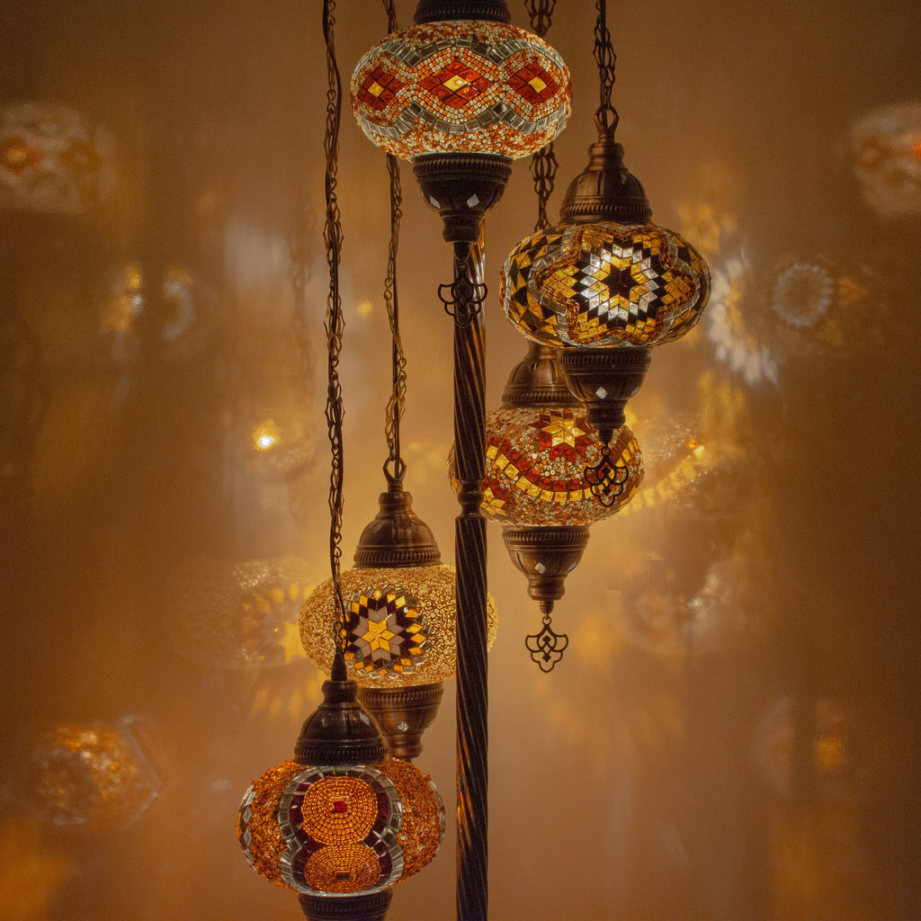 MoslandHome Handmade Turkish Mosaic Floor Lamp 5 Globe Antique Brass