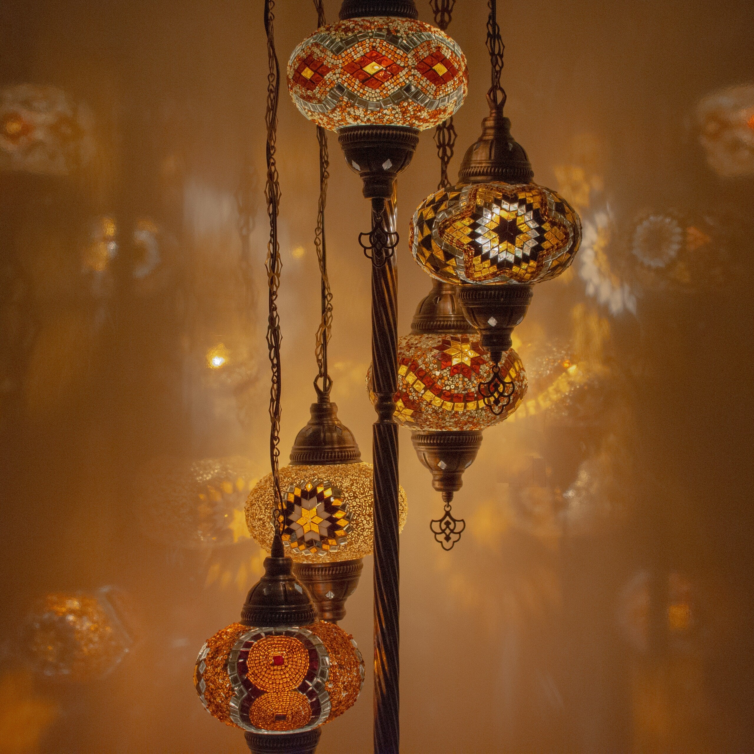 MoslandHome Handmade Turkish Mosaic Floor Lamp 5 Globe Antique Brass