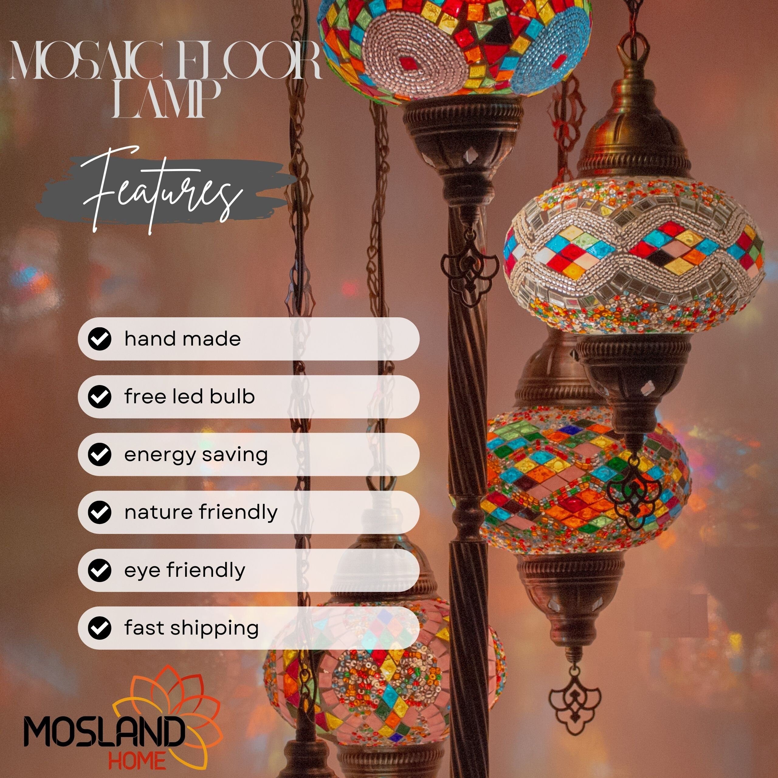 MoslandHome Handmade Turkish Mosaic Floor Lamp 5 Globe Corner