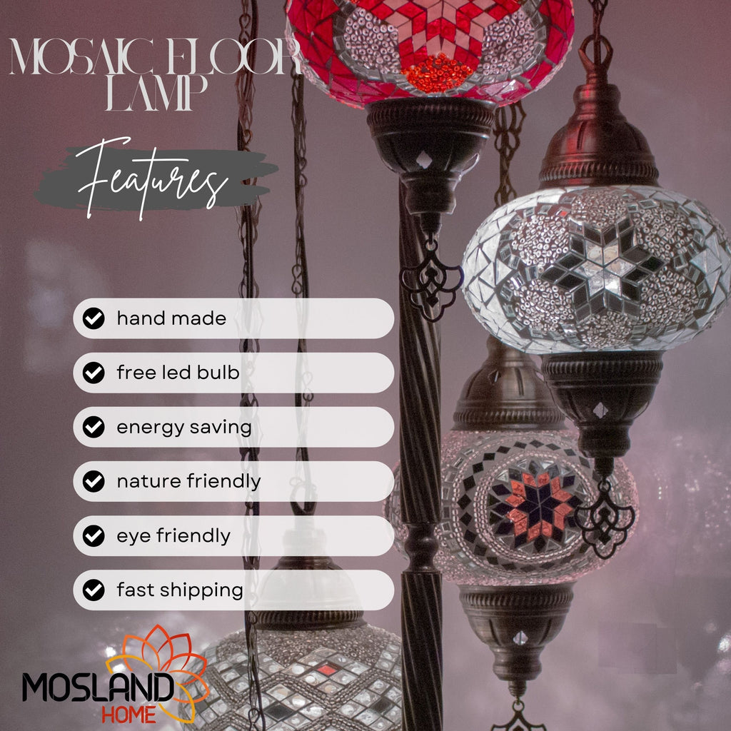 MoslandHome Handmade Turkish Mosaic Floor Lamp 5 Globe Corner
