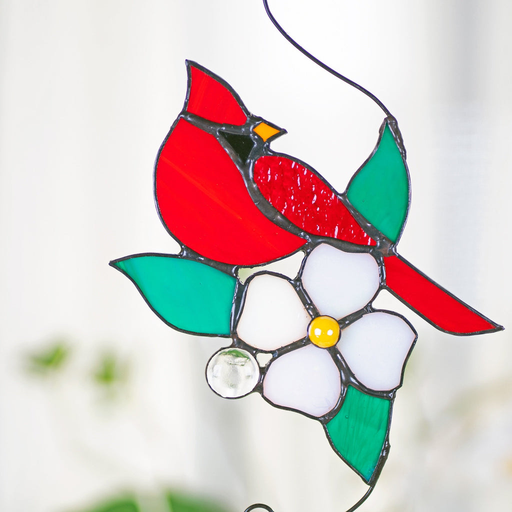 RainLine Cardinal Stained Glass Window Hanging Suncatcher 7in