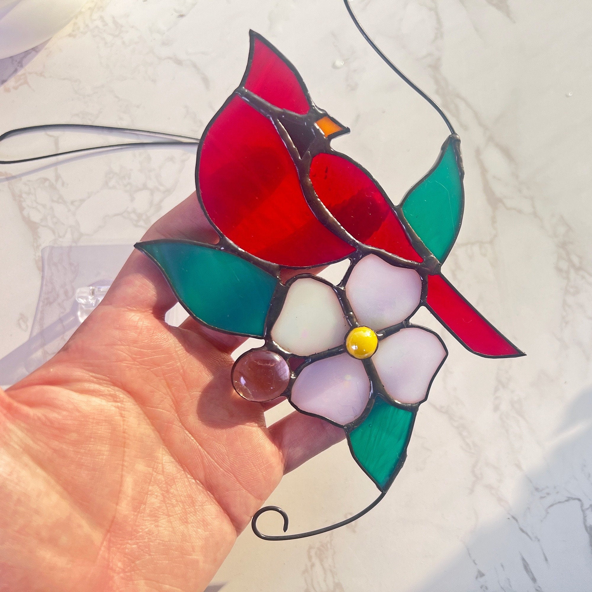 RainLine Cardinal Stained Glass Window Hanging Suncatcher 7in