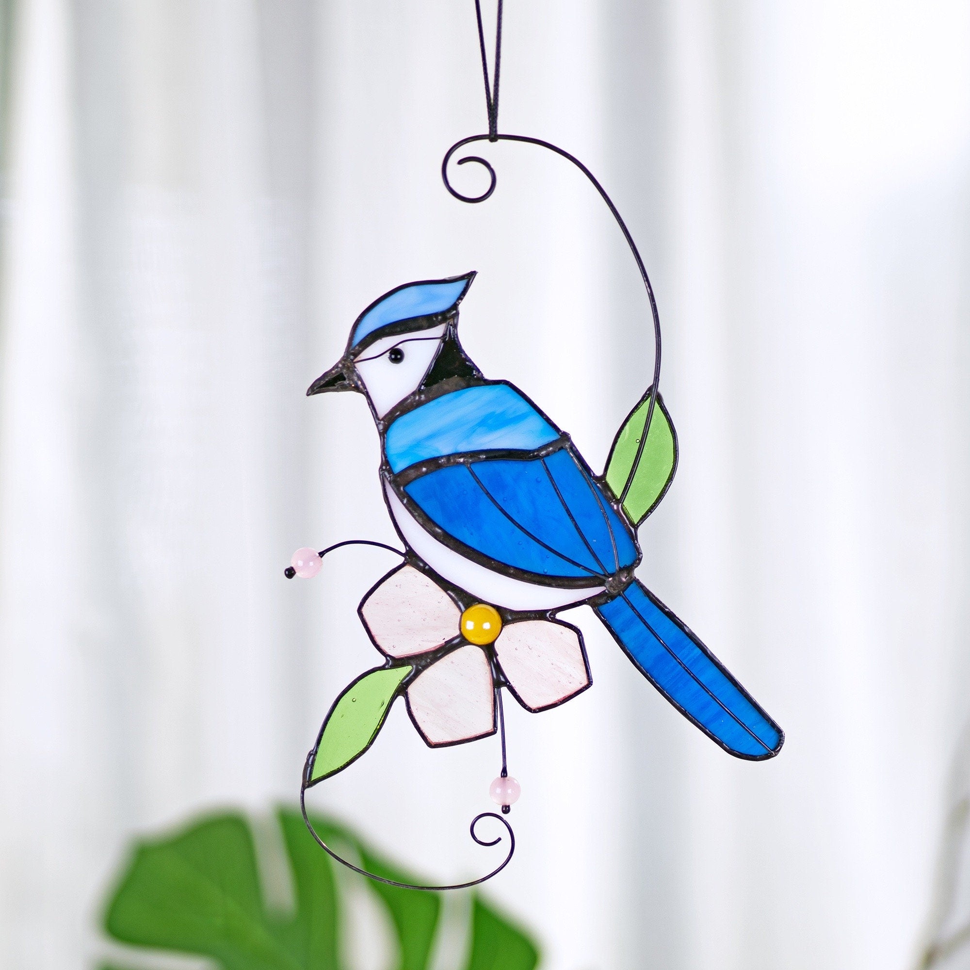 RainLine Blue Jay Stained Glass Bird Suncatcher Flower Window Hanging