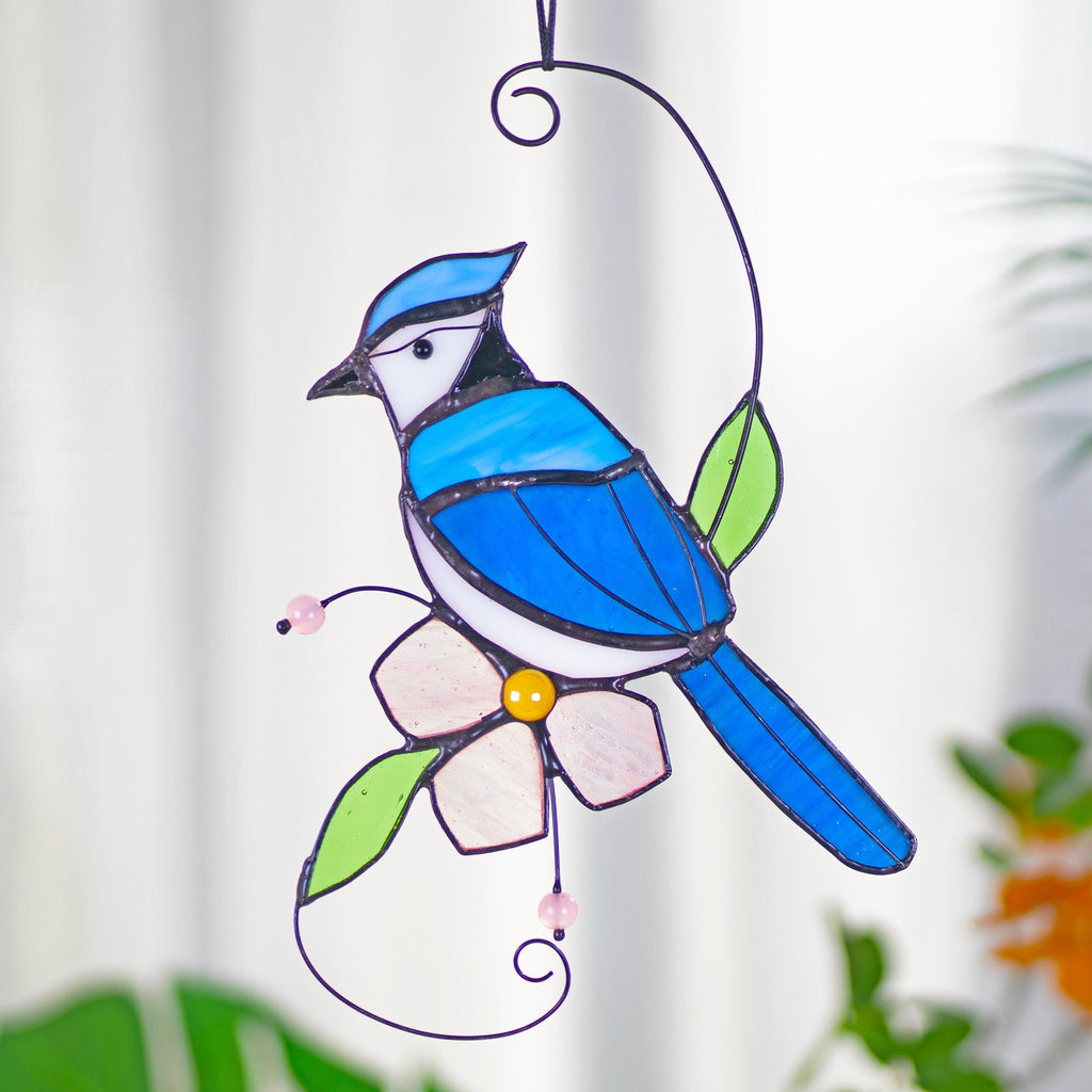 RainLine Blue Jay Stained Glass Bird Suncatcher Flower Window Hanging
