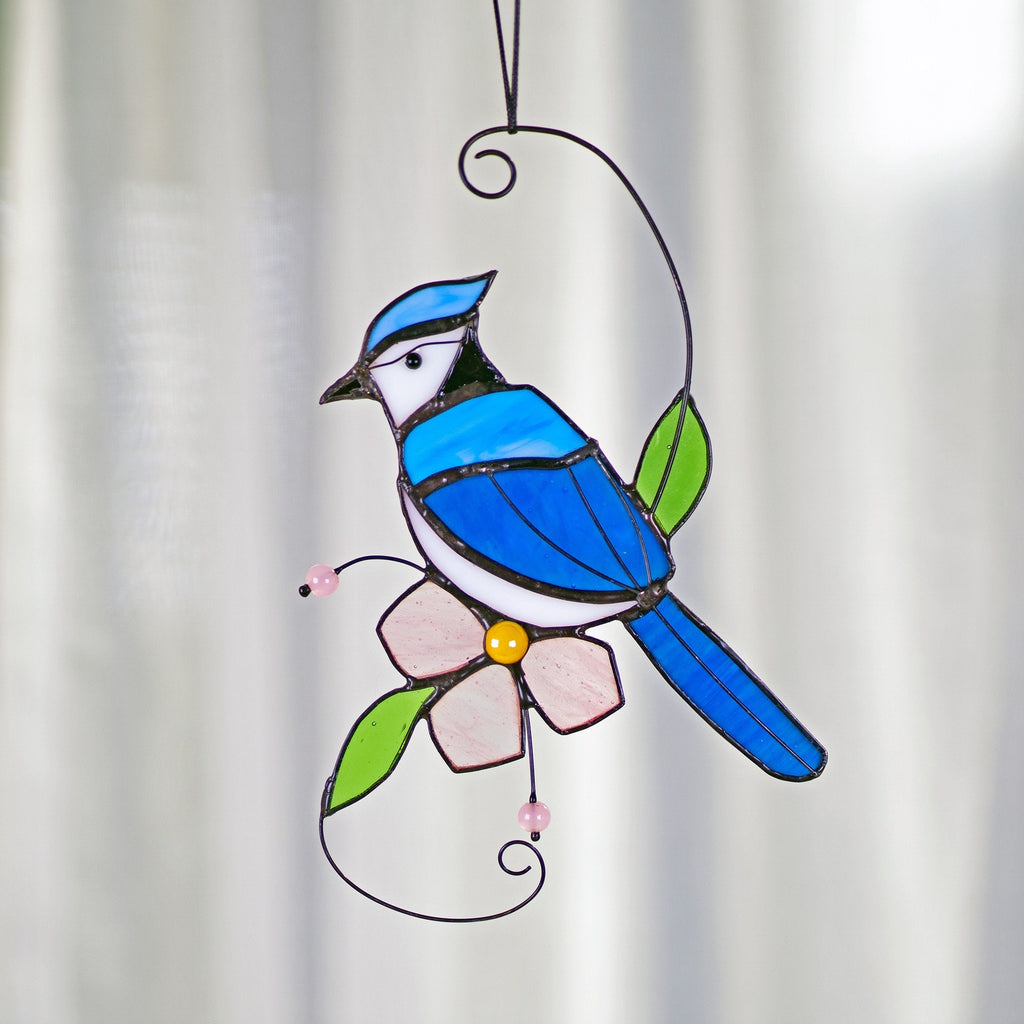 RainLine Blue Jay Stained Glass Bird Suncatcher Flower Window Hanging