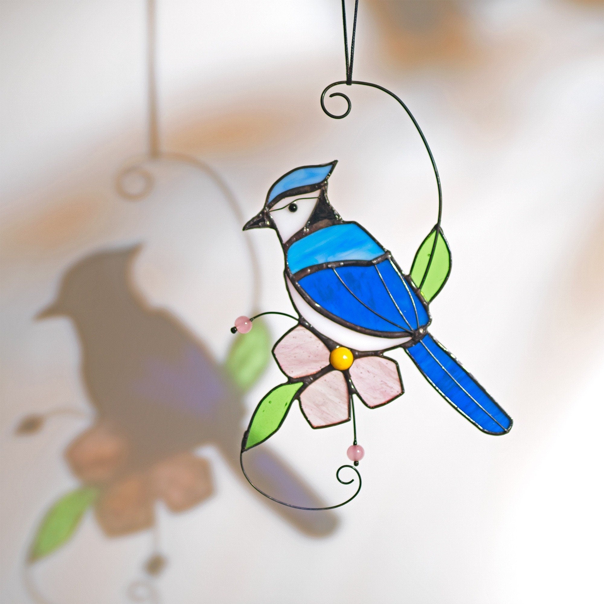 RainLine Blue Jay Stained Glass Bird Suncatcher Flower Window Hanging
