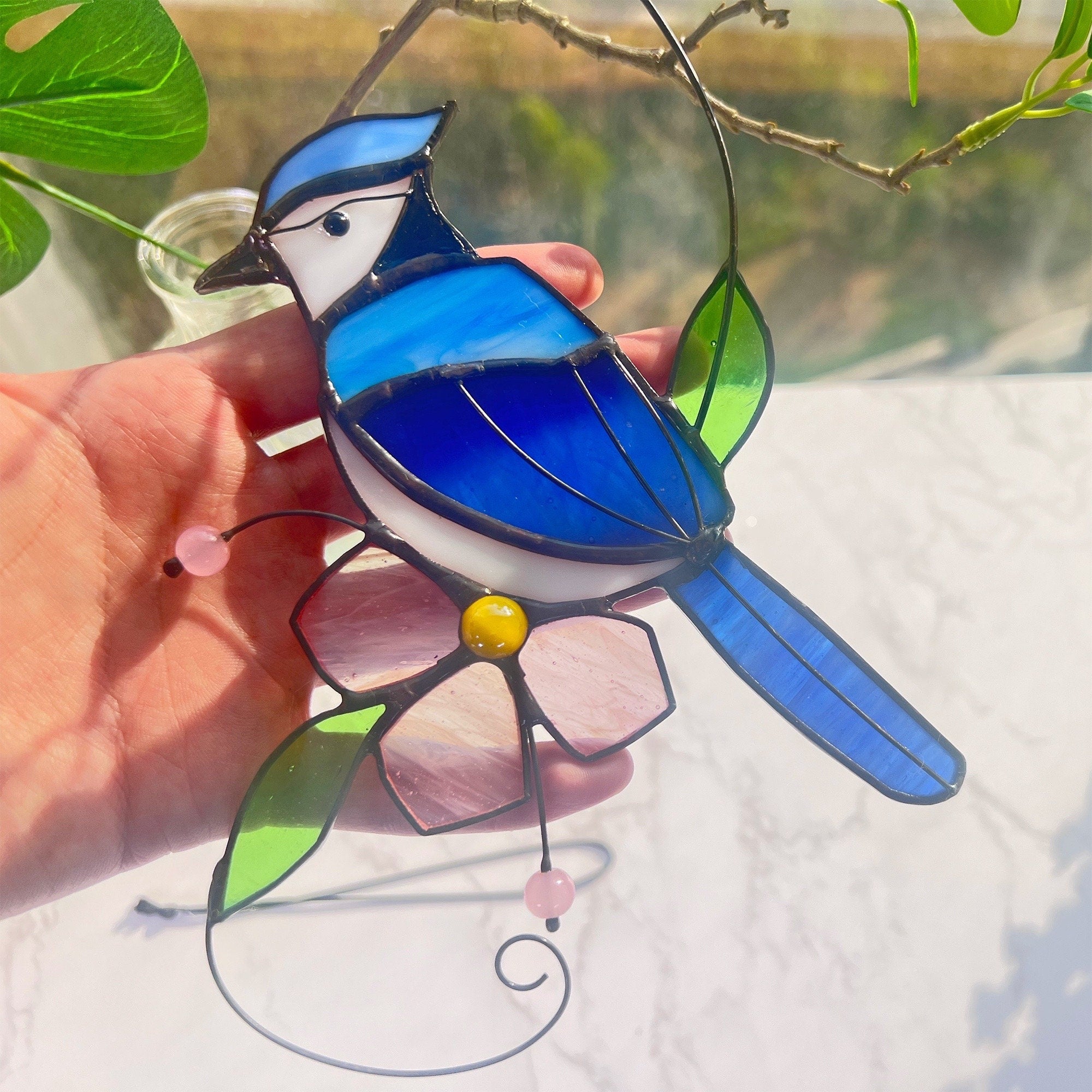 RainLine Blue Jay Stained Glass Bird Suncatcher Flower Window Hanging
