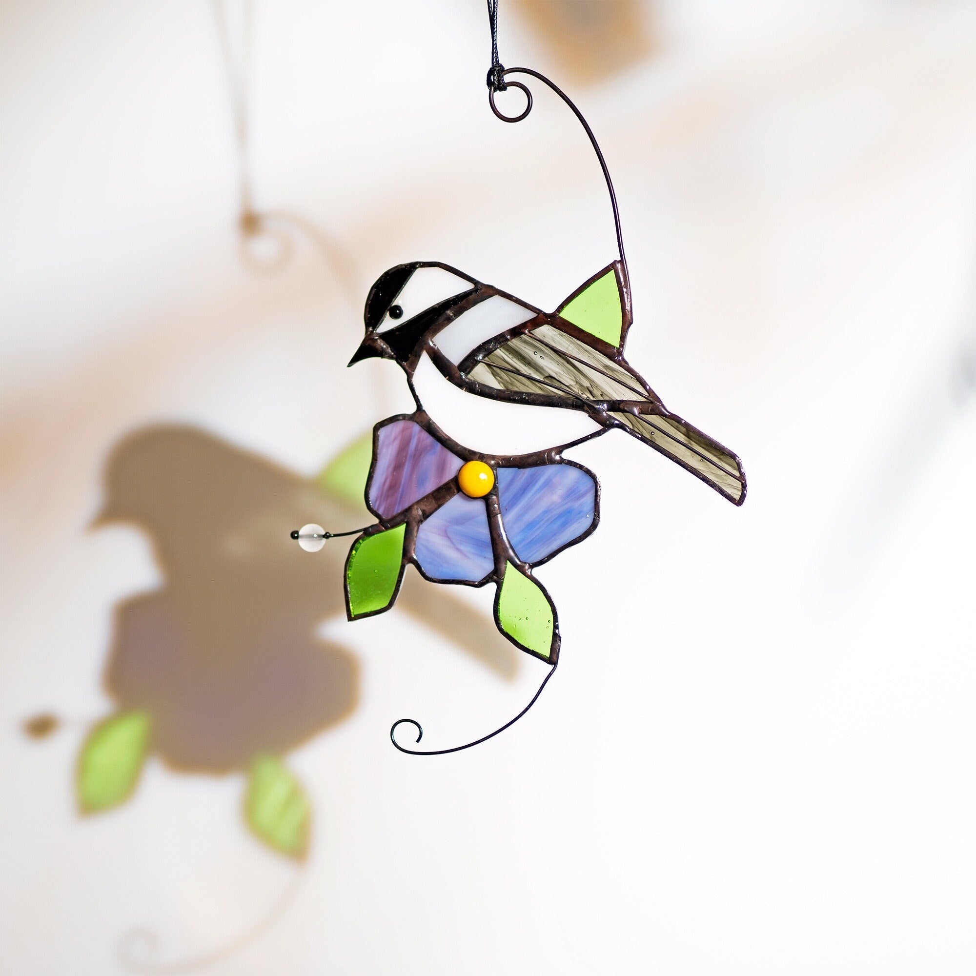 RainLine Chickadee Stained Glass Suncatcher Window Hanging Bird Purple Flower