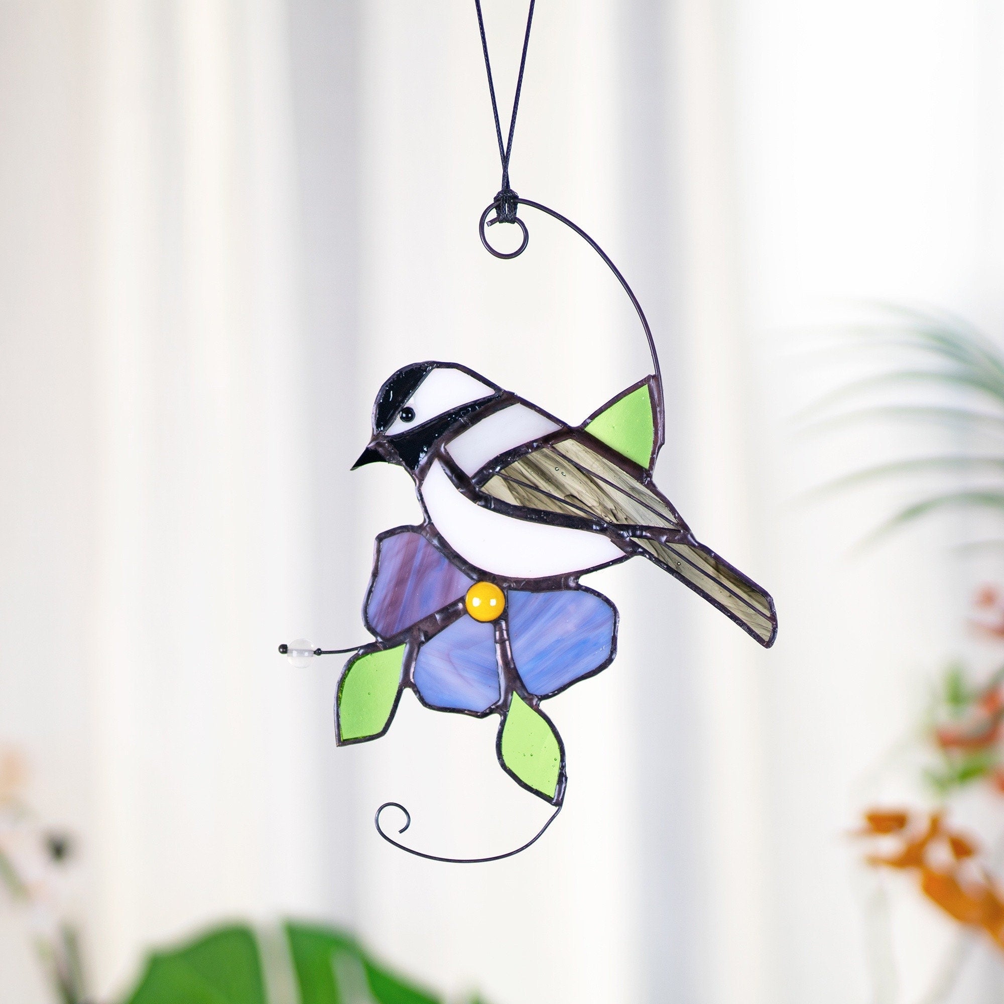 RainLine Chickadee Stained Glass Suncatcher Window Hanging Bird Purple Flower
