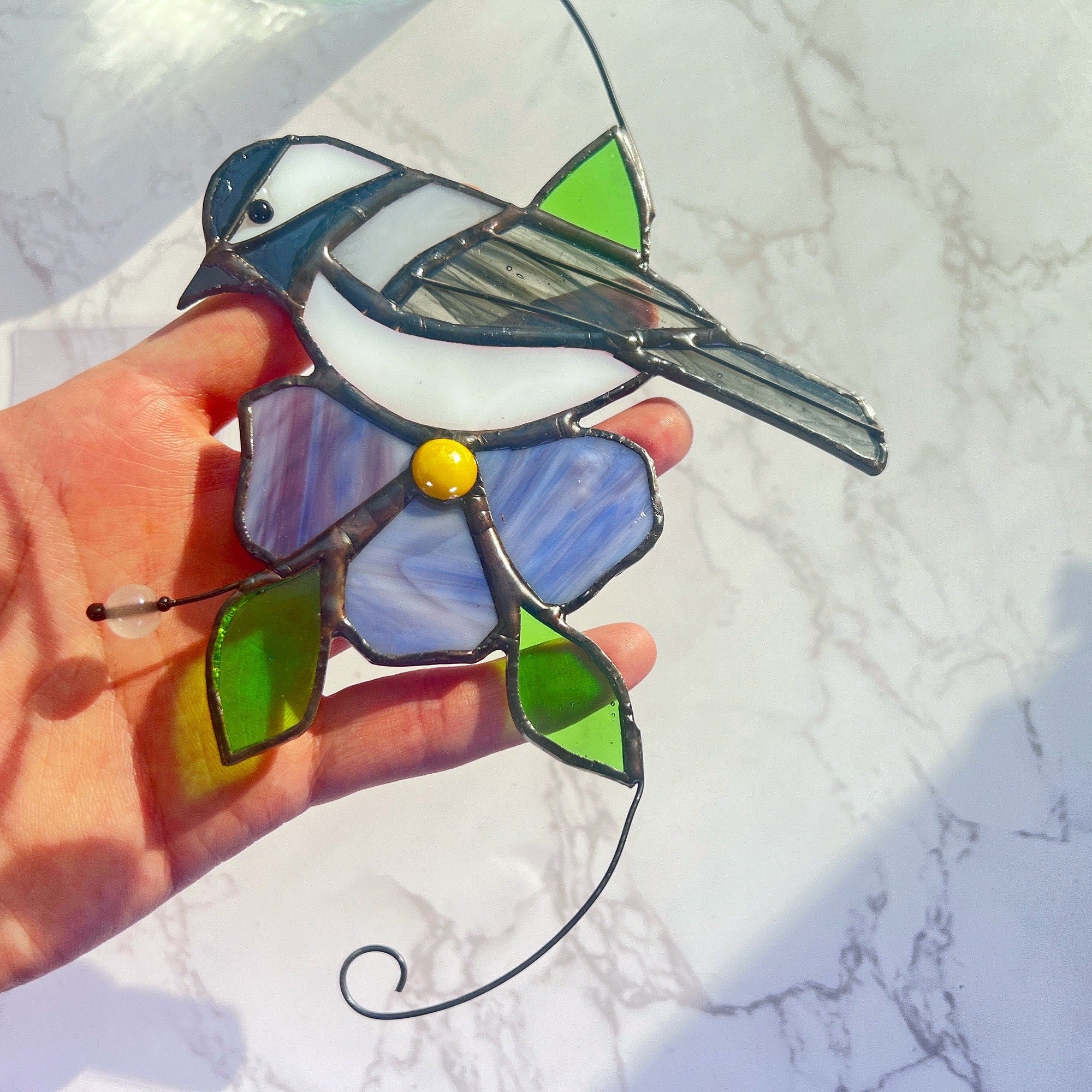 RainLine Chickadee Stained Glass Suncatcher Window Hanging Bird Purple Flower