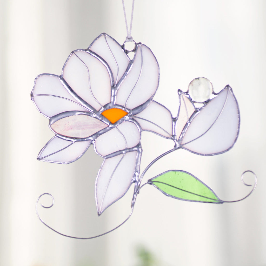 RainLine Iridescent Magnolia Stained Glass Suncatcher Window Hanging