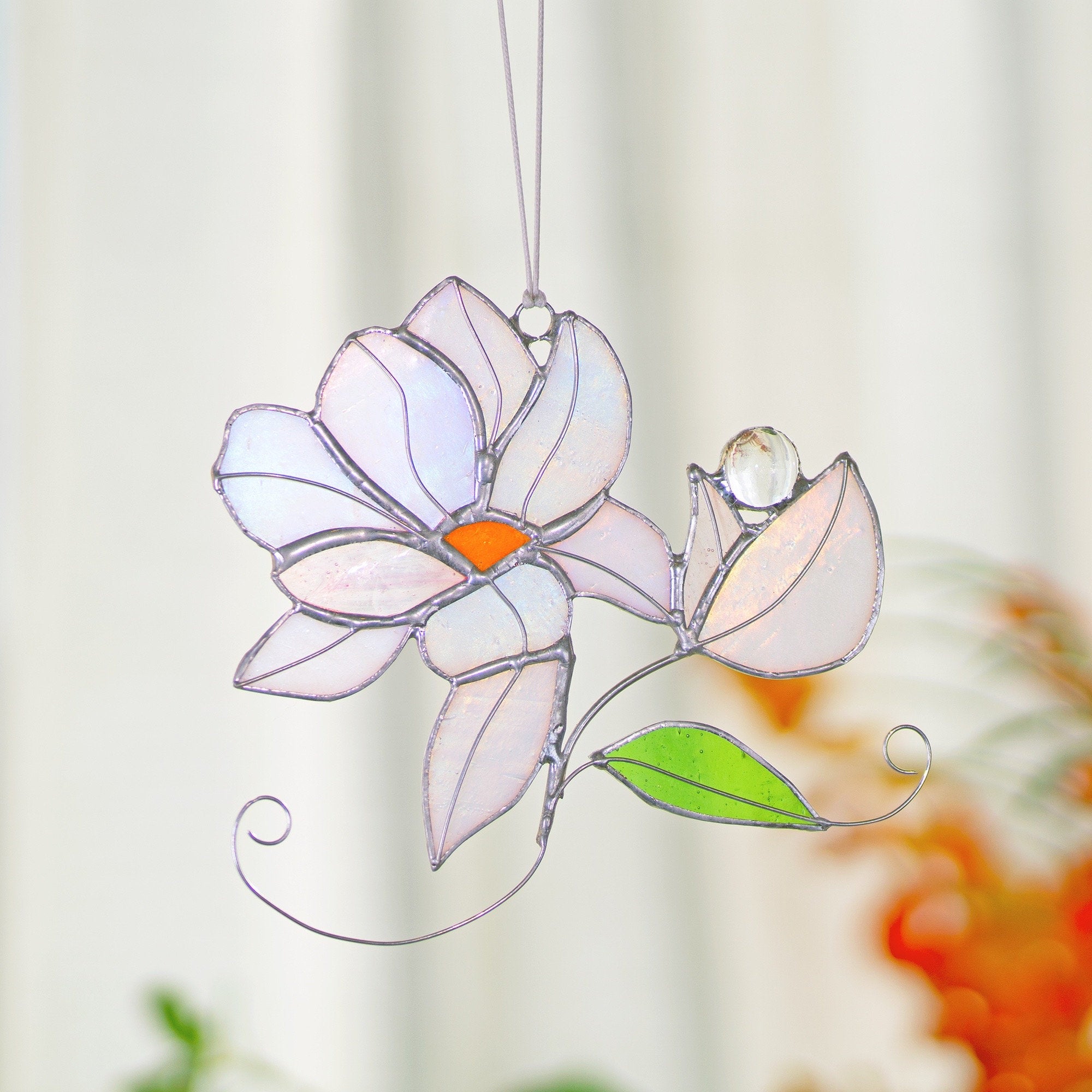 RainLine Iridescent Magnolia Stained Glass Suncatcher Window Hanging