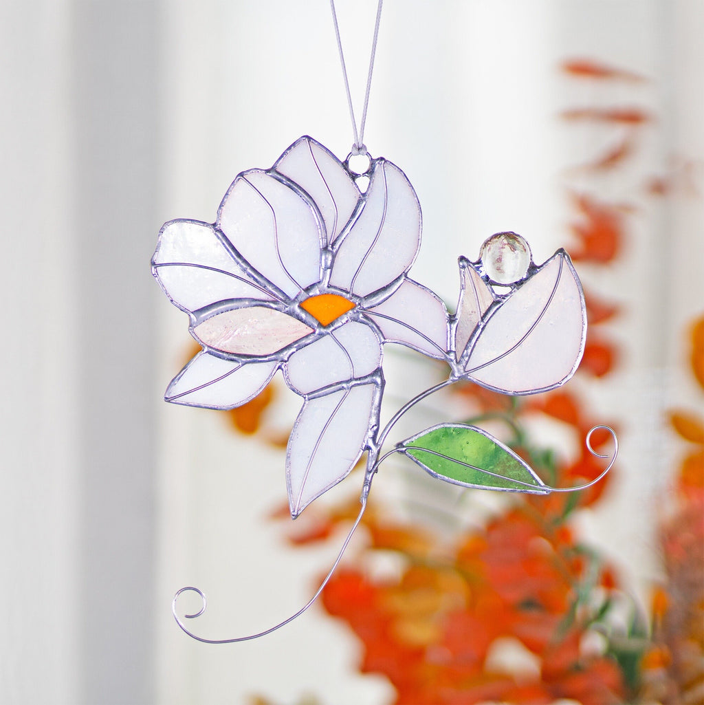 RainLine Iridescent Magnolia Stained Glass Suncatcher Window Hanging