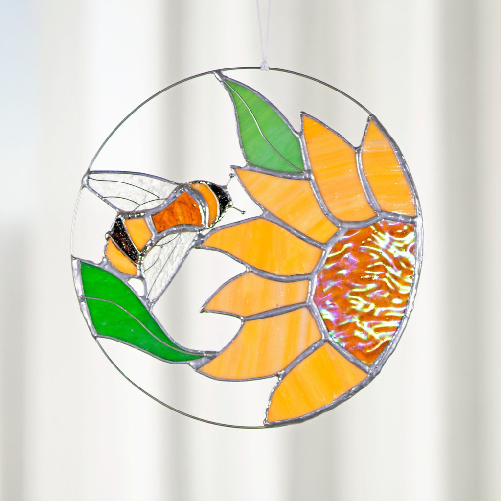 RainLine Iridescent Bee and Sunflower Stained Glass Suncatcher 7in