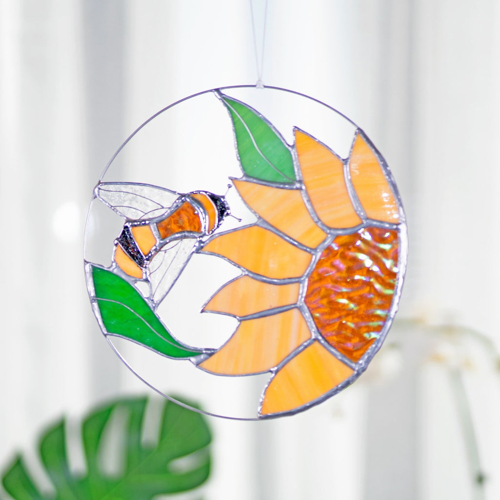 RainLine Iridescent Bee and Sunflower Stained Glass Suncatcher 7in