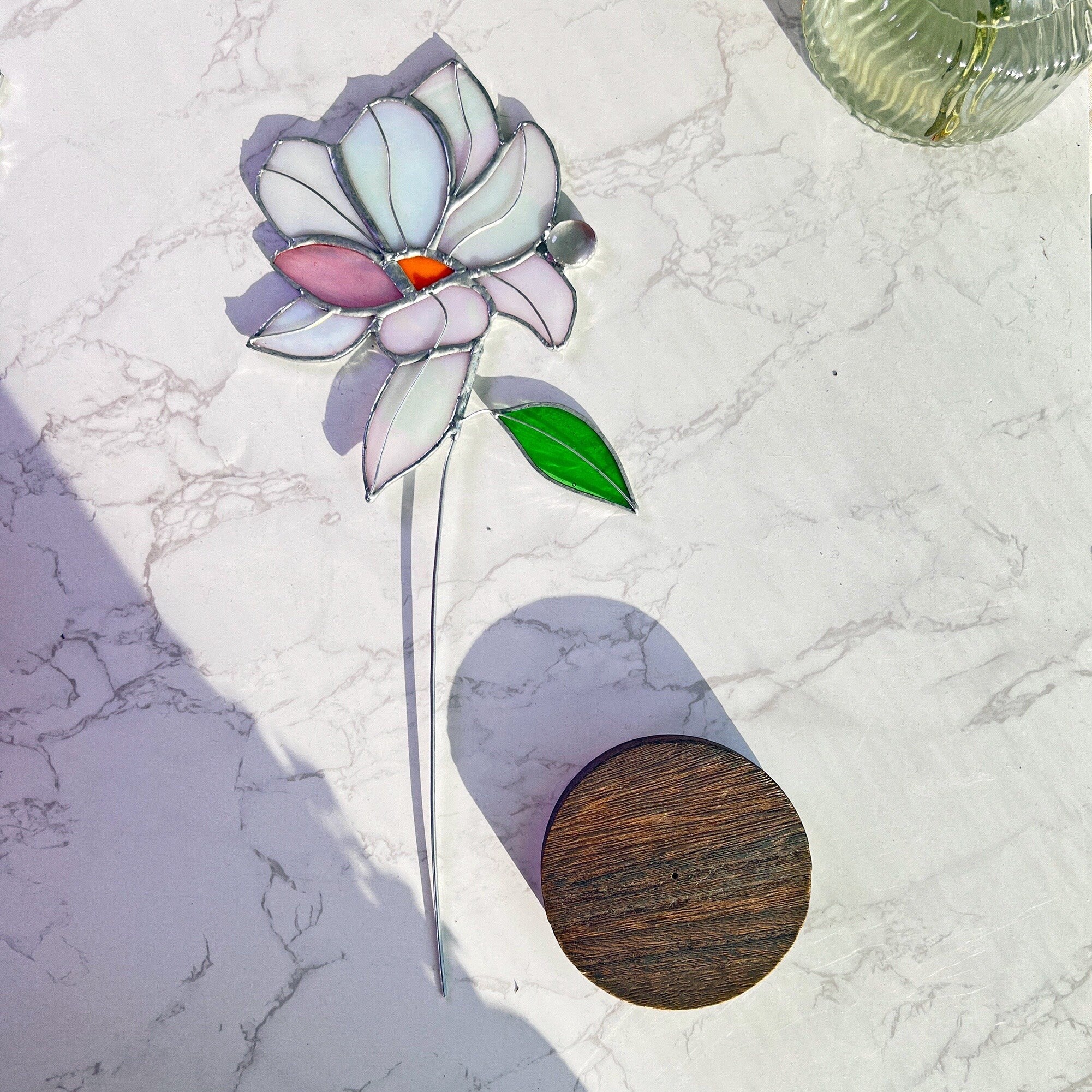 RainLine Iridescent Magnolia Stained Glass Flower Stake Suncatcher 14.2in