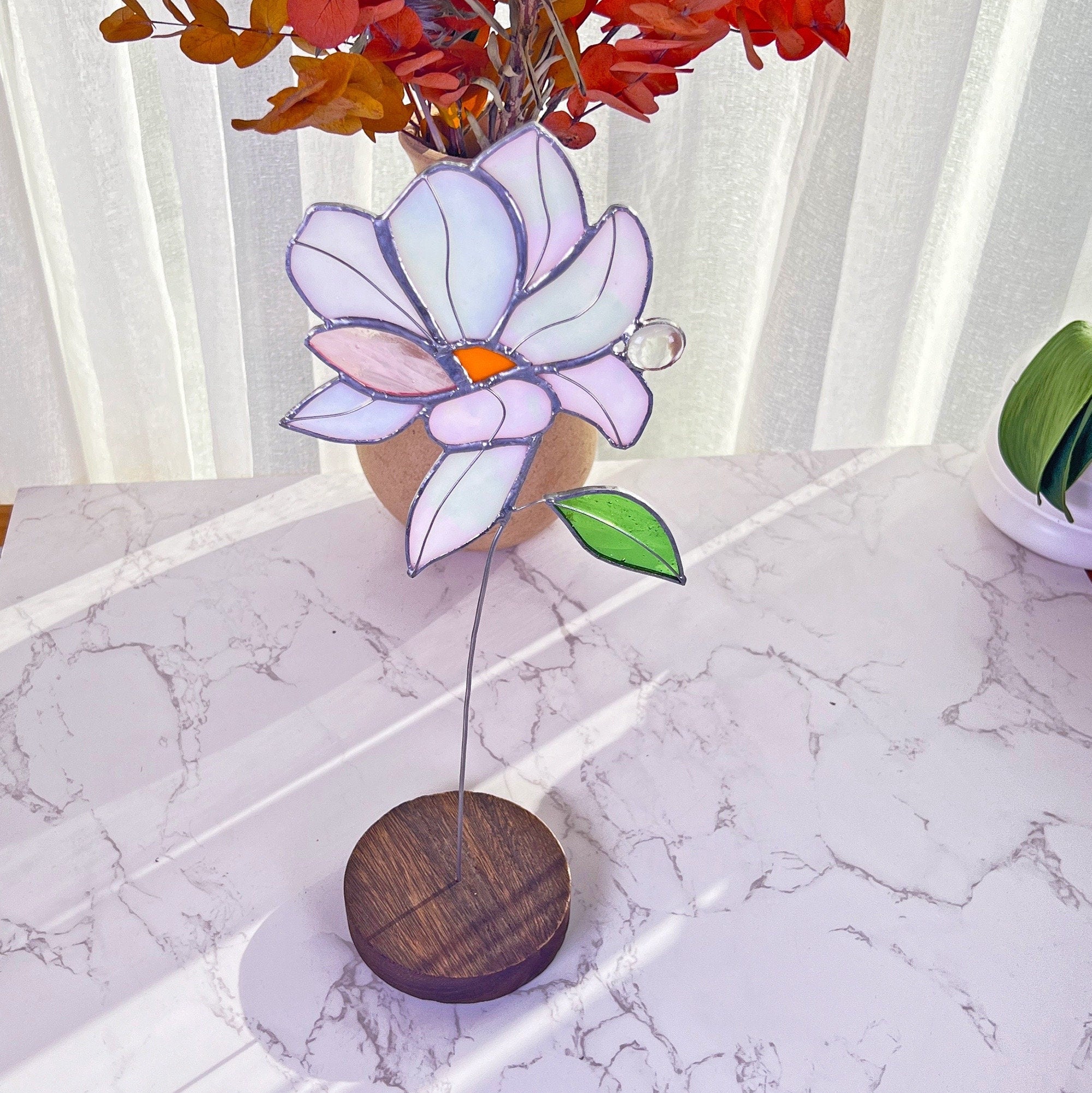 RainLine Iridescent Magnolia Stained Glass Flower Stake Suncatcher 14.2in