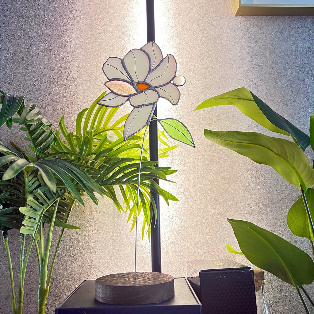 RainLine Iridescent Magnolia Stained Glass Flower Stake Suncatcher 14.2in