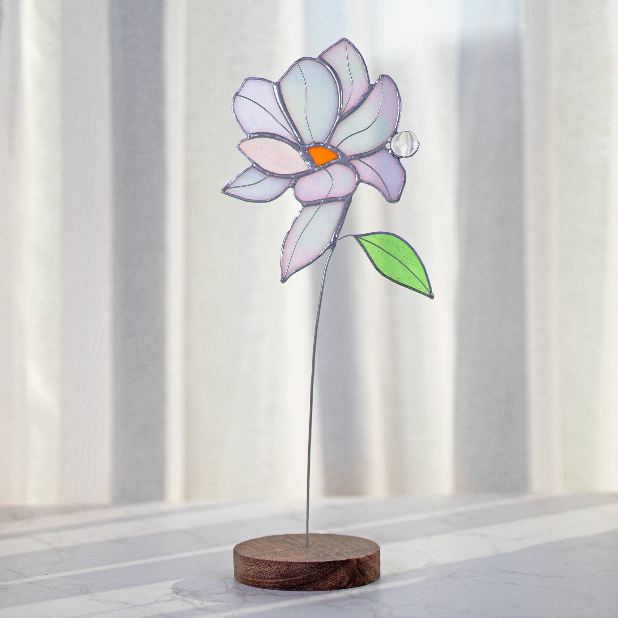 RainLine Iridescent Magnolia Stained Glass Flower Stake Suncatcher 14.2in