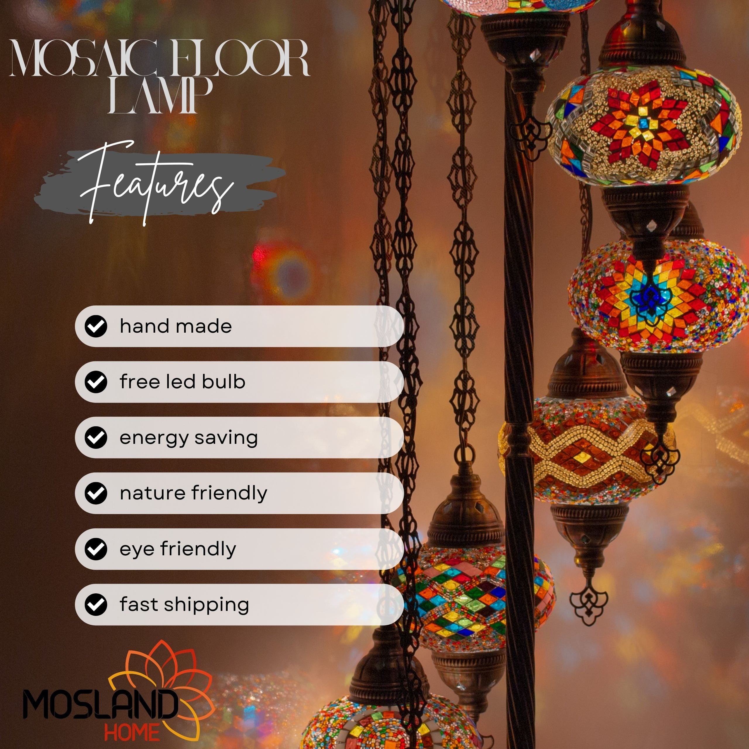 MoslandHome Handmade Turkish Mosaic Floor Lamp 7 Globe