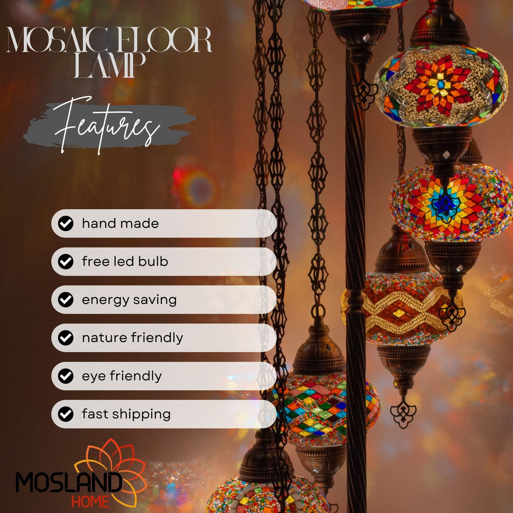 MoslandHome Handmade Turkish Mosaic Floor Lamp 7 Globe Moroccan