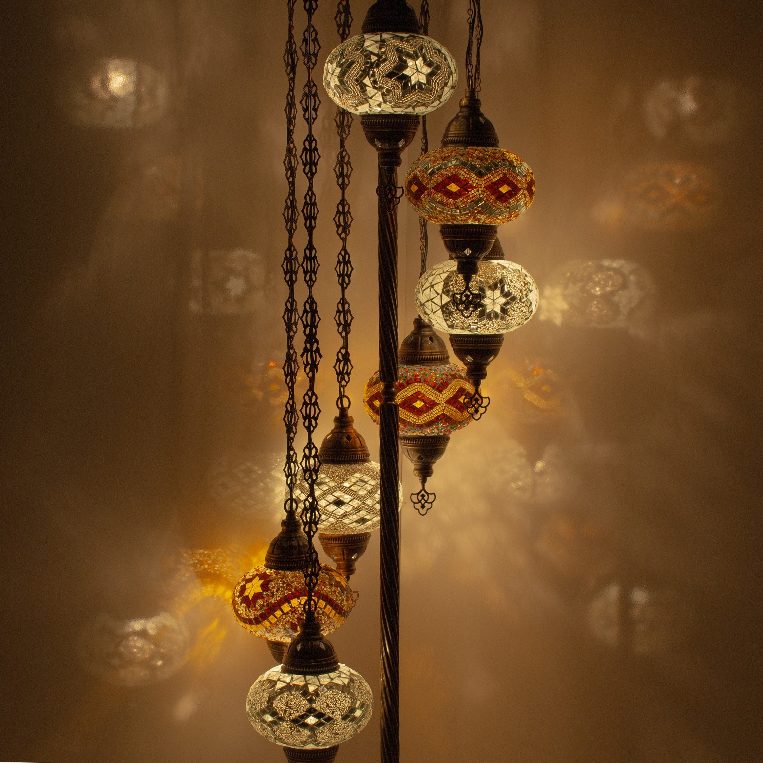 MoslandHome Handmade Turkish Mosaic Floor Lamp 7 Globe 62in Antique Brass