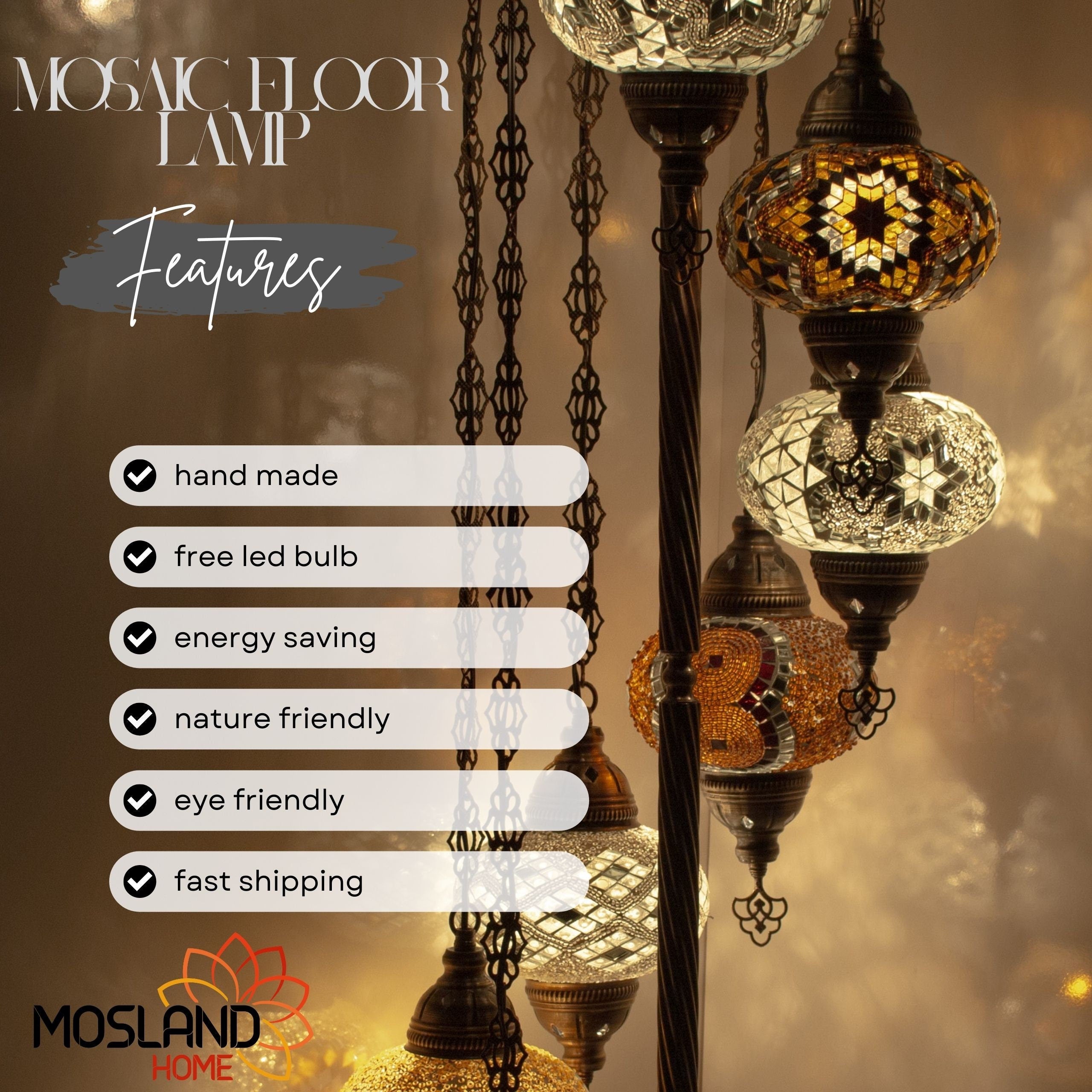 MoslandHome Handmade Turkish Mosaic Floor Lamp with 7 Globe Shades
