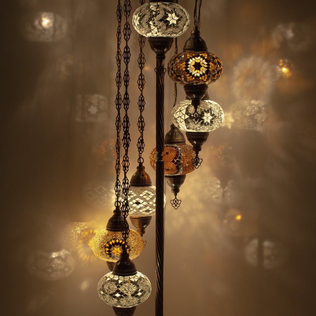 MoslandHome Handmade Turkish Mosaic Floor Lamp with 7 Globe Shades