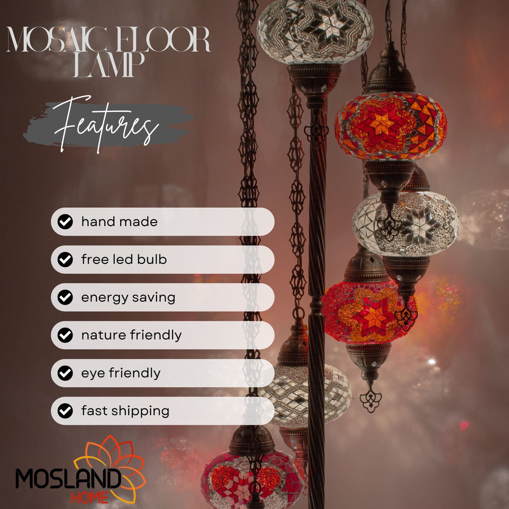 MoslandHome Handmade Turkish Mosaic Floor Lamp 7 Globe 62in Antique Brass