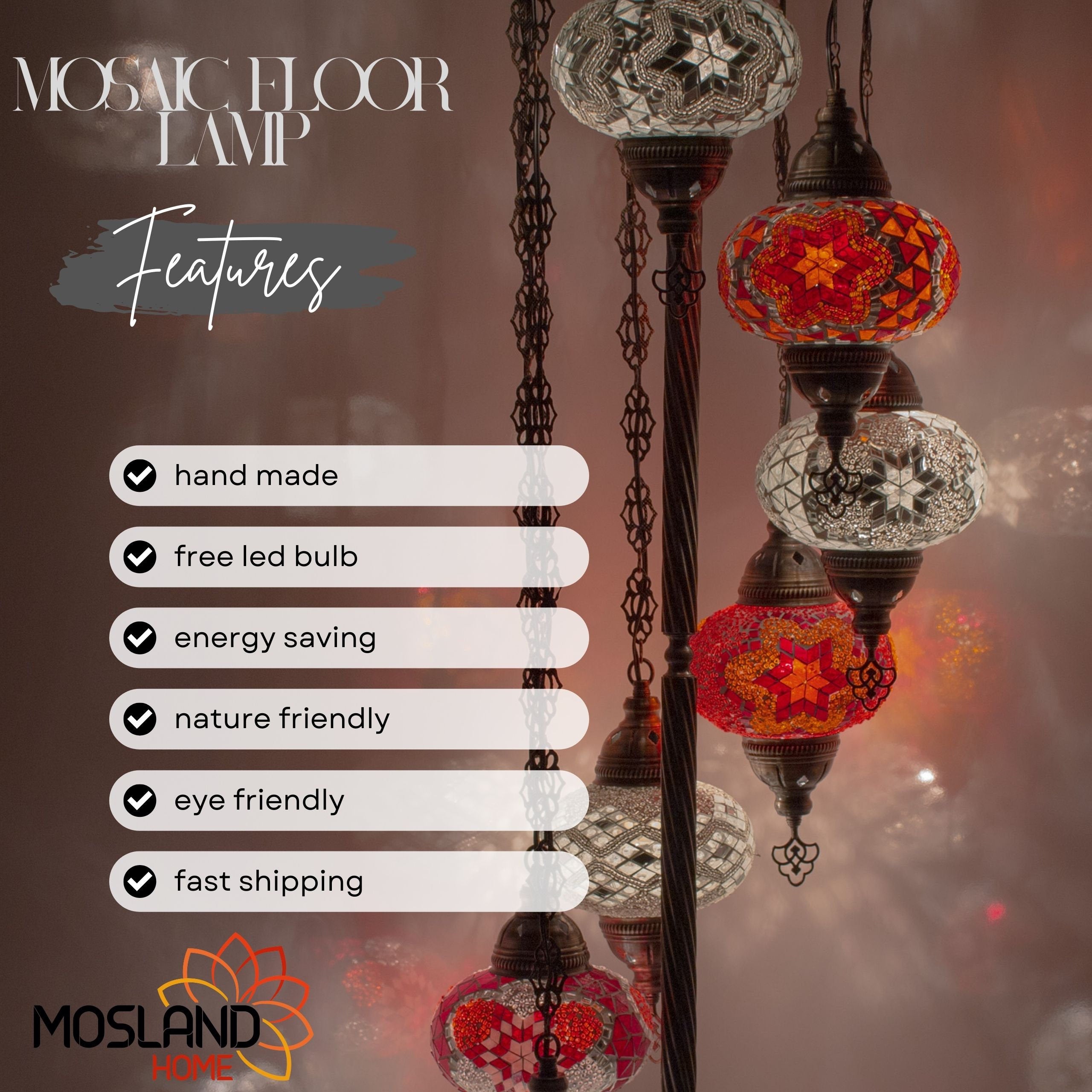 MoslandHome Handmade Turkish Mosaic Floor Lamp 7 Globe 62in Antique Brass