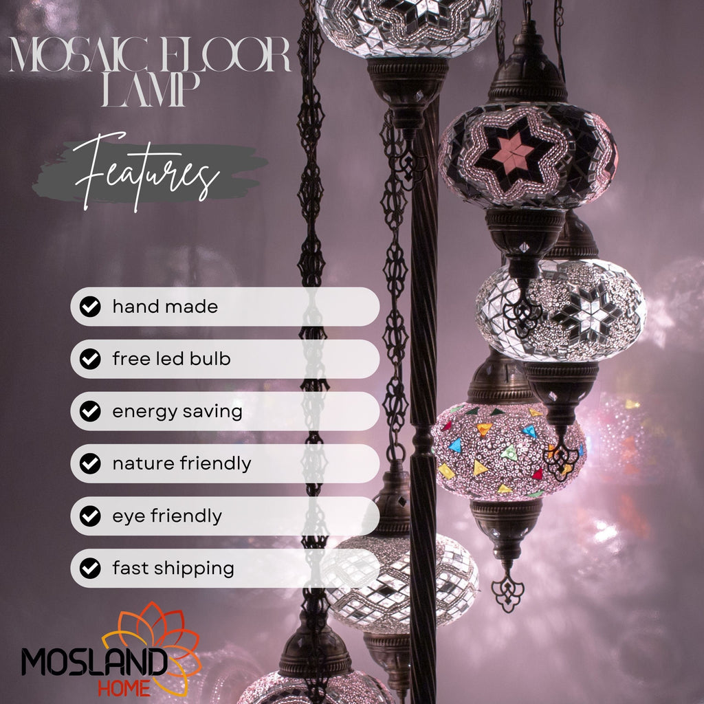 MoslandHome Handmade Turkish Mosaic 7-Globe Floor Lamp Antique Brass