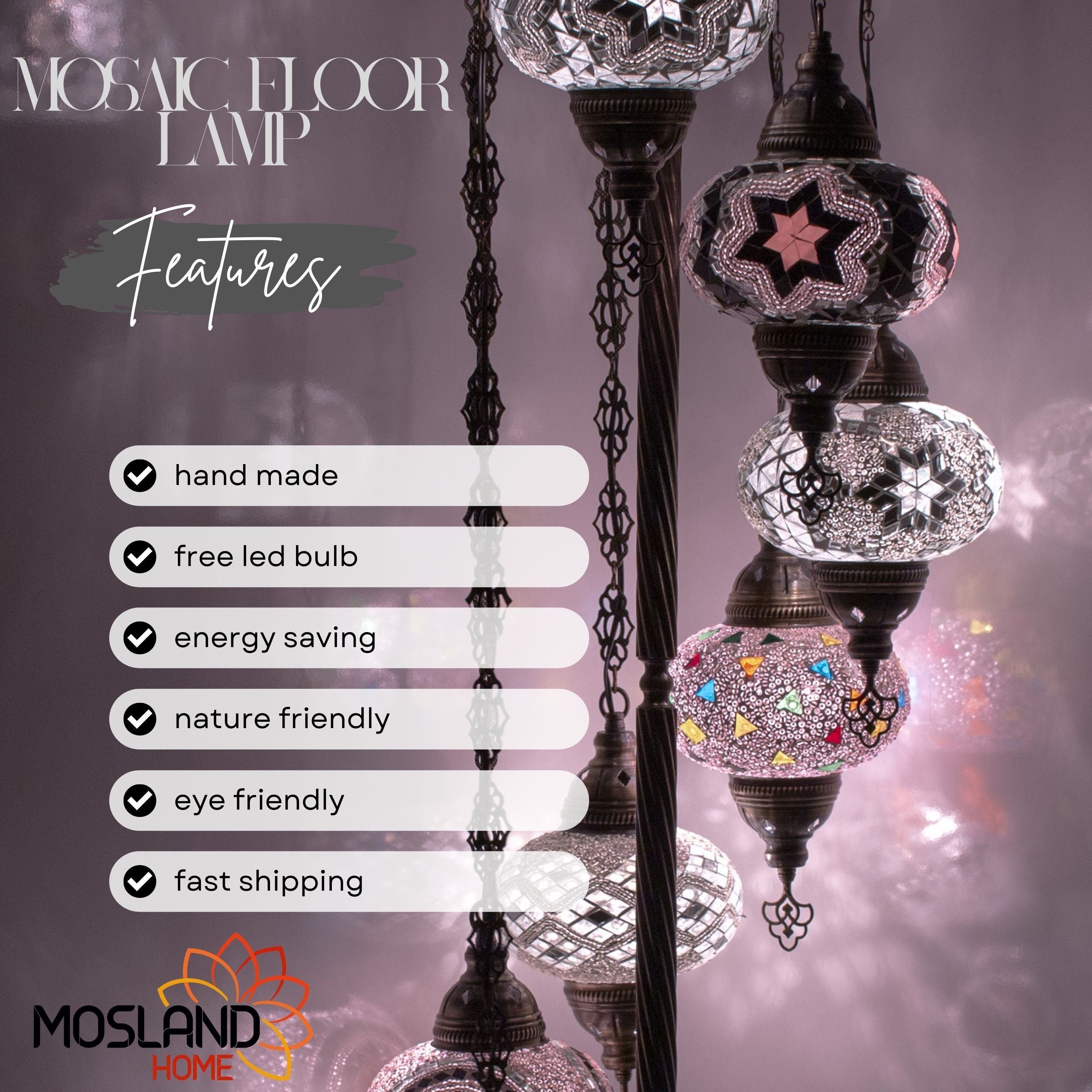 MoslandHome Handmade Turkish Mosaic 7-Globe Floor Lamp Antique Brass