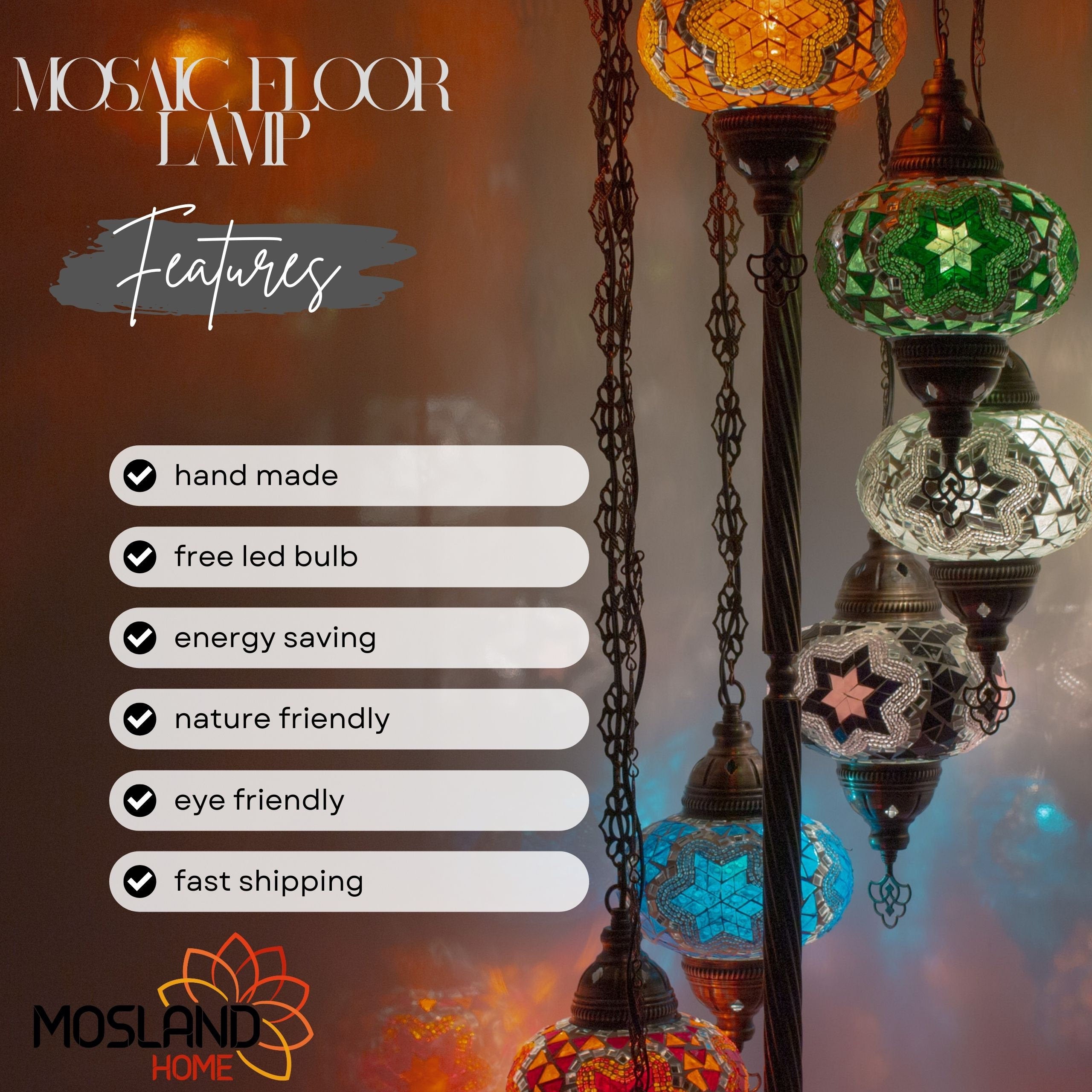 MoslandHome Handmade Turkish Mosaic Floor Lamp 7 Globe