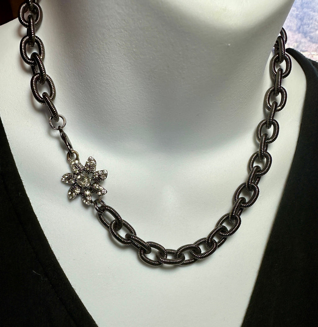 MossberryandStone Heavy Textured Cable Chain Crystal Flower Necklace 16in