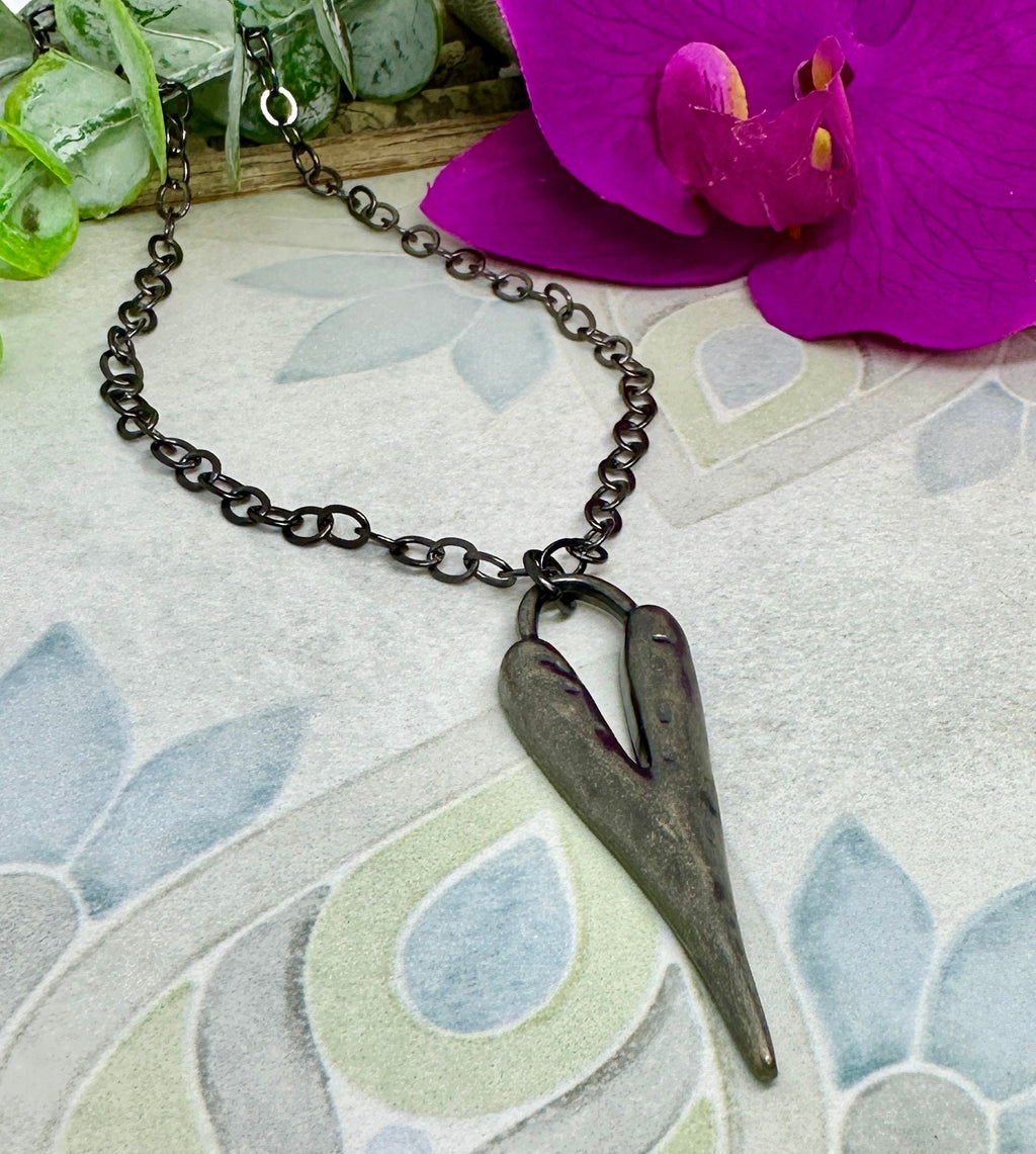 MossberryandStone Gothic Heart Pendant Necklace Gunmetal Silver 24in