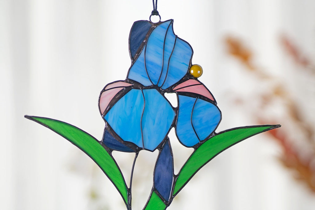 RainLine Iris Flower Stained Glass Sun Catcher Blue Purple