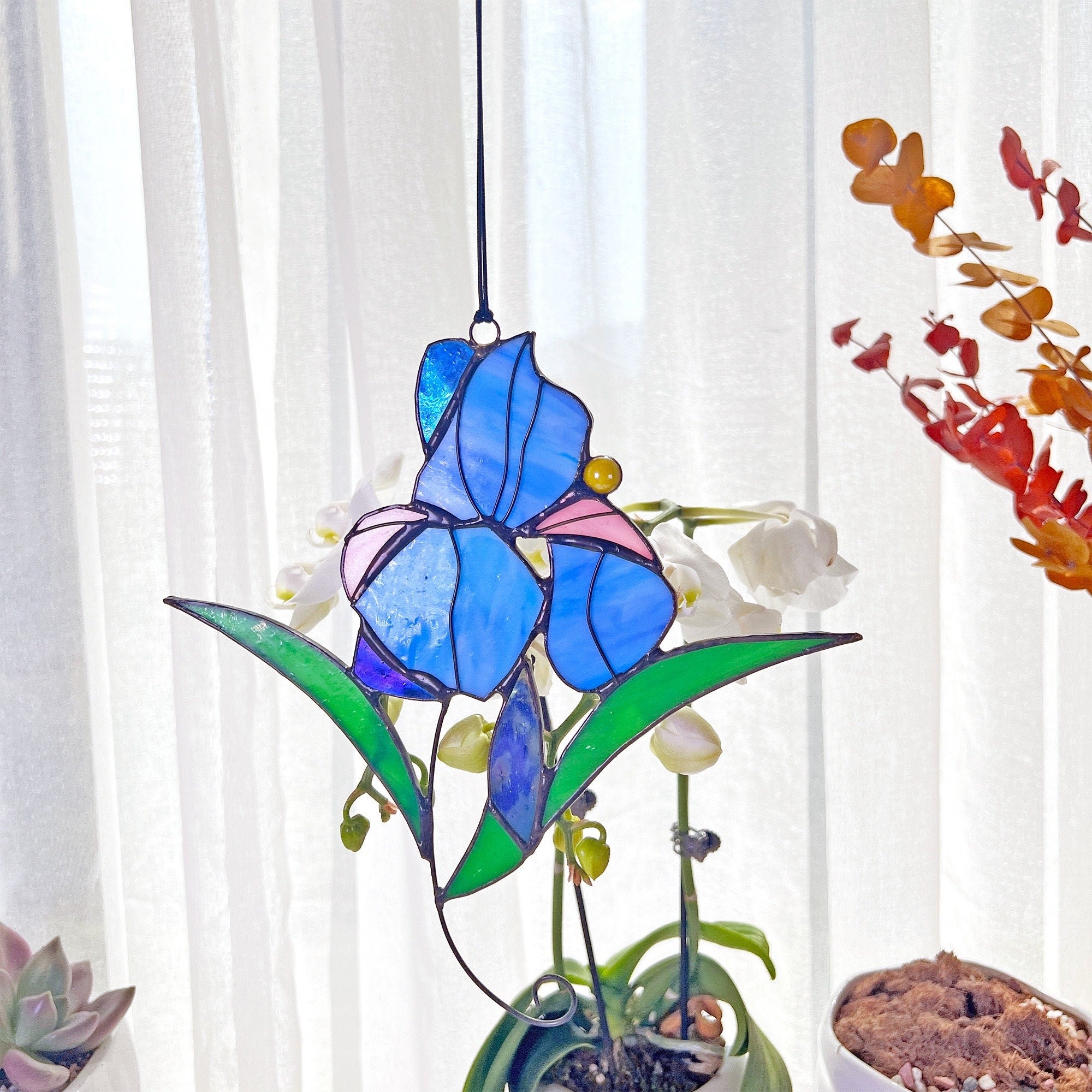 RainLine Iris Flower Stained Glass Sun Catcher Blue Purple