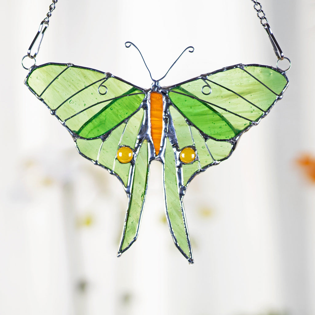 RainLine Handmade Stained Glass Luna Moth Butterfly Window Hanging