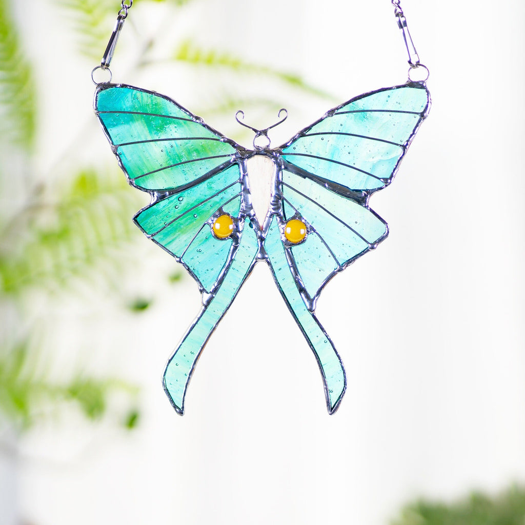 RainLine Handmade Stained Glass Luna Moth Butterfly Window Hanging